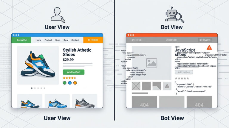 Comparativo visual de uma página de e-commerce: à esquerda, a 'User View' mostra um tênis colorido e informações de produto renderizadas; à direita, a 'Bot View' exibe placeholders de imagens, erros de JavaScript e conteúdo incompleto, ilustrando os riscos do JavaScript para a indexação e visibilidade por bots de busca.