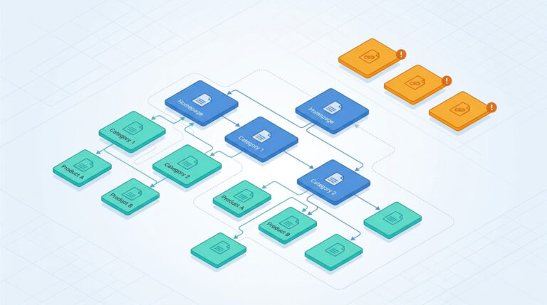 Diagrama da estrutura de links internos de um e-commerce, com categorias e produtos conectados por setas, e três páginas órfãs (em laranja) isoladas, sem links que as conectem à navegação principal do site.