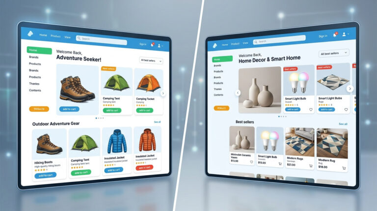 Imagem gerada por IA de personalização no e-commerce ilustrada por duas interfaces de lojas online distintas, uma com produtos de aventura e outra com itens para casa.