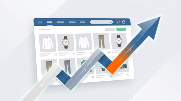 Crescimento no e-commerce e roadmap de fases, ilustrado por uma seta ascendente sobre uma página de produtos de uma loja virtual.