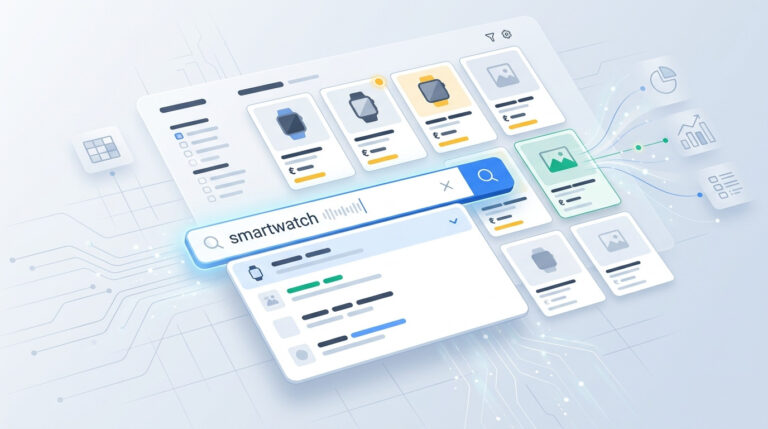Interface de e-commerce gerado por IA com barra de busca interna por 'smartwatch', exibindo resultados de produtos e sugestões de busca.