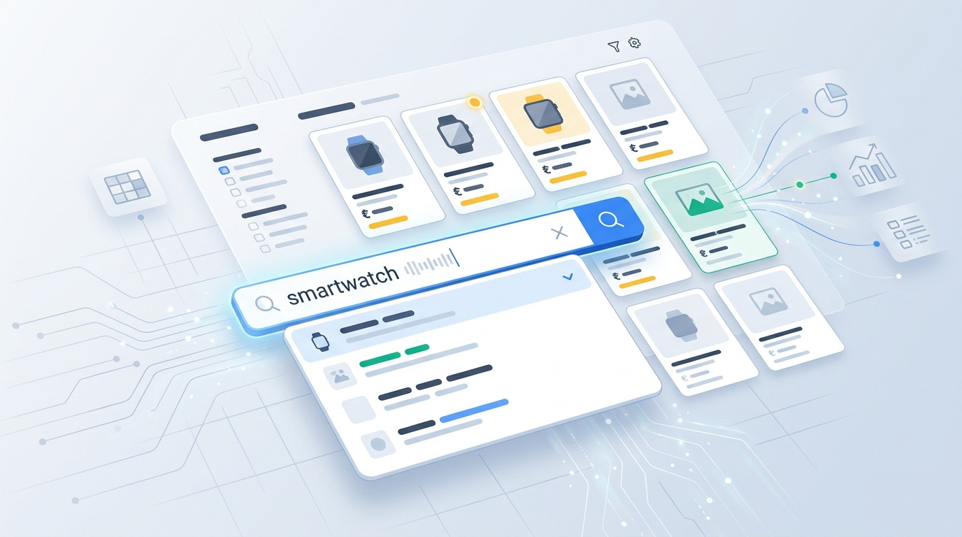 Interface de e-commerce gerado por IA com barra de busca interna por 'smartwatch', exibindo resultados de produtos e sugestões de busca.