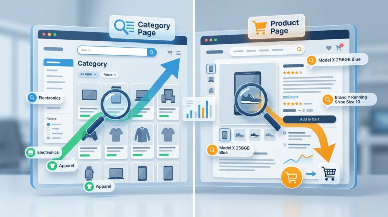 Diagrama feita por IA visualizando a diferença de SEO para páginas de categoria e de produtos em e-commerce: à esquerda, uma página de categoria com vários produtos e filtros; e, à direita, uma página de produto com detalhes e botão de compra.