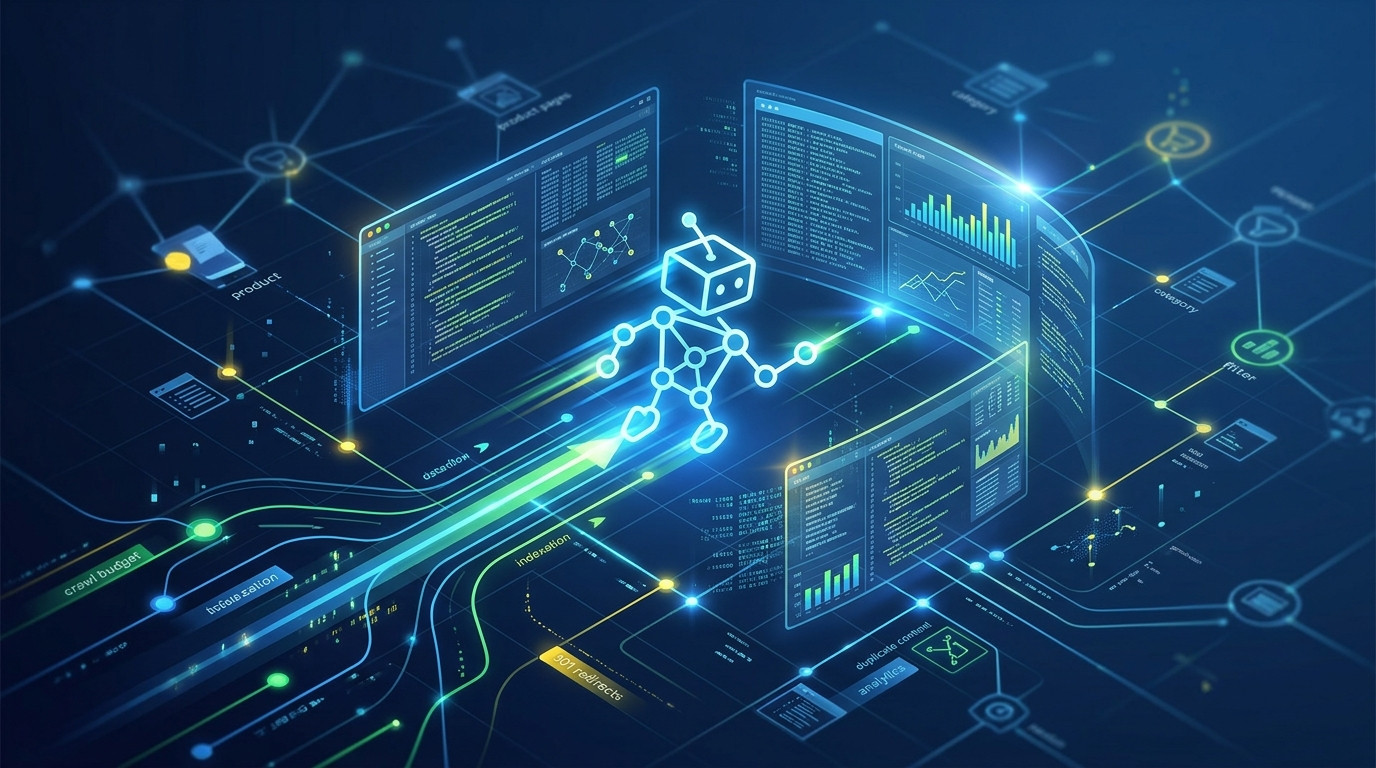 Bot digital de SEO técnico para e-commerce em ação, otimizando o crawl budget e a indexação de sites, com telas exibindo logs e dados de performance.