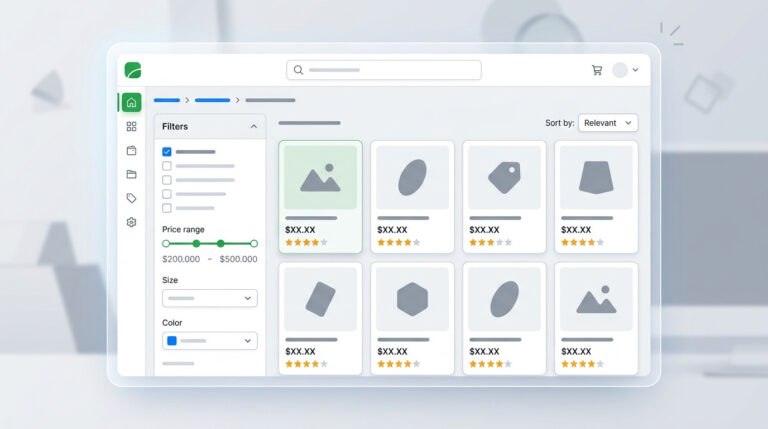 Interface moderna de e-commerce exibindo produtos em grade, com filtros intuitivos de preço, tamanho e cor na barra lateral, demonstrando um design otimizado para melhorar a experiência do usuário e aumentar a conversão.