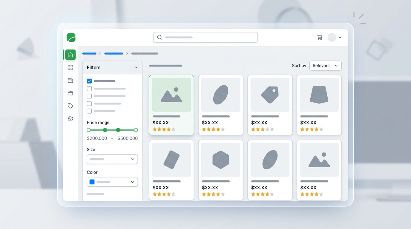 Interface moderna de e-commerce exibindo produtos em grade, com filtros intuitivos de preço, tamanho e cor na barra lateral, demonstrando um design otimizado para melhorar a experiência do usuário e aumentar a conversão.