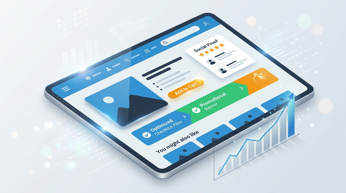 Interface gerada por IA de e-commerce em tablet com design otimizado, exibindo produtos, avaliações de clientes e gráficos de análise de dados, essencial para aumentar a conversão.