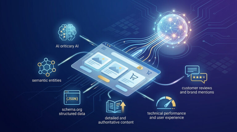 Diagrama de fluxo ilustrando como a integração de inteligência artificial (IA), dados estruturados (schema.org), conteúdo otimizado, reviews de clientes e desempenho técnico em uma loja virtual atrai tráfego de IA para e-commerce.