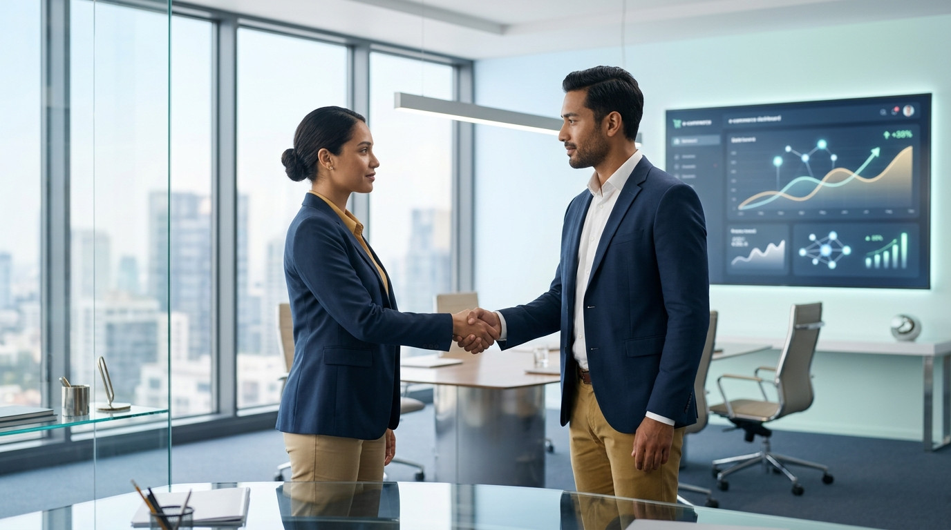 Imagem realista gerada por IA de dois profissionais, um homem e uma mulher, apertando as mãos em um escritório moderno, simbolizando o fortalecimento das relações comerciais para o e-commerce, com painel de análise de dados ao fundo.