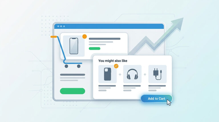 Imagem gerada em IA de uma estratégia de cross-selling em e-commerce, mostrando produtos relacionados como capas de celular, fones e carregadores sendo adicionados ao carrinho junto com um smartphone, impulsionando o crescimento de vendas.