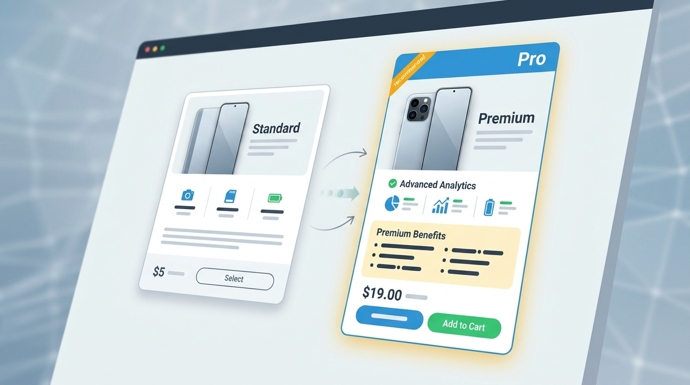 Estratégia de upselling em e-commerce ilustrada, gerada em IA, por duas ofertas de smartphone: um modelo padrão e uma versão premium com mais recursos e preço superior.