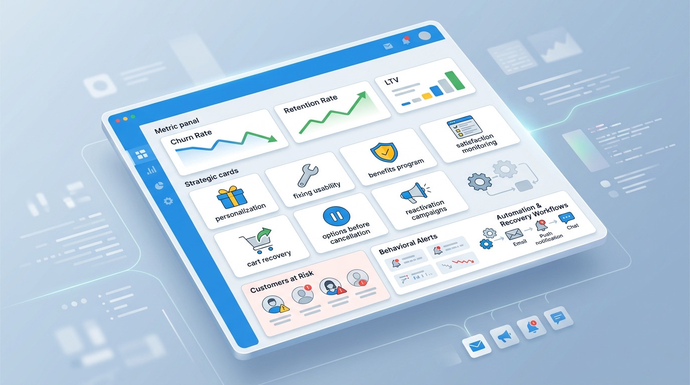 Dashboard digital gerado por IA com gráficos e métricas de e-commerce para analisar a retenção de clientes e aplicar estratégias eficazes para controlar o churn.