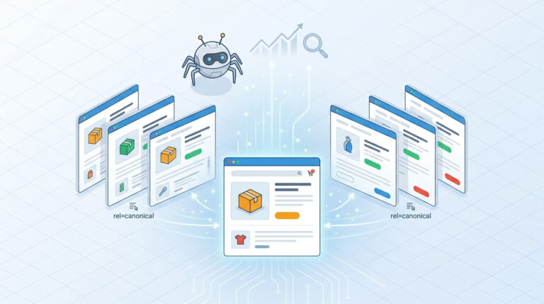 Ilustração feita em IA do robô de busca consolidando múltiplas URLs de produtos em e-commerce para uma única página principal, ilustrando a função da tag canonical para otimização de SEO e prevenção de conteúdo duplicado.