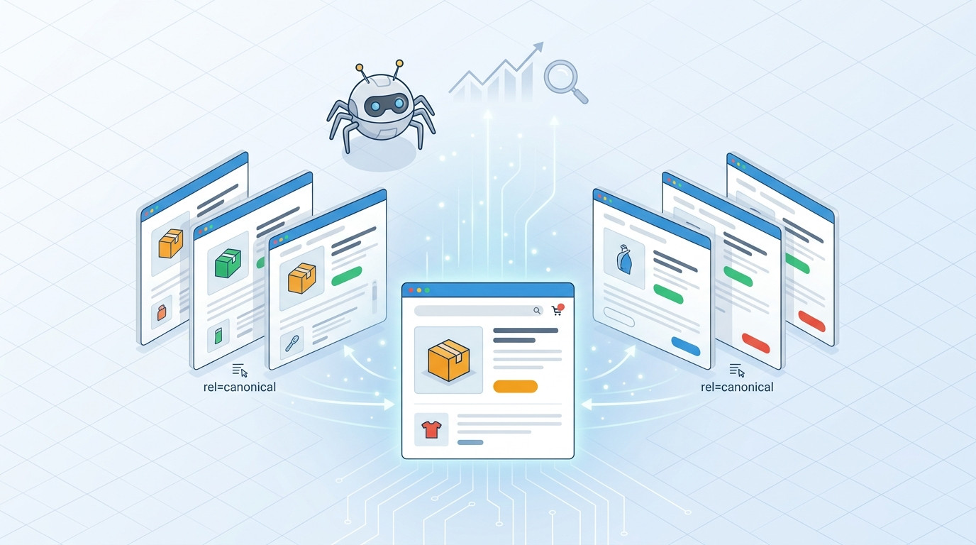 Ilustração feita em IA do robô de busca consolidando múltiplas URLs de produtos em e-commerce para uma única página principal, ilustrando a função da tag canonical para otimização de SEO e prevenção de conteúdo duplicado.