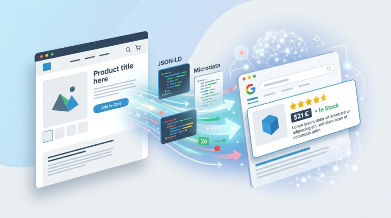 Ilustração feita em IA do impacto do schema markup no e-commerce, mostrando como JSON-LD e Microdata convertem dados de produto de uma página em rich snippets detalhados no Google para maior visibilidade nos resultados de busca.
