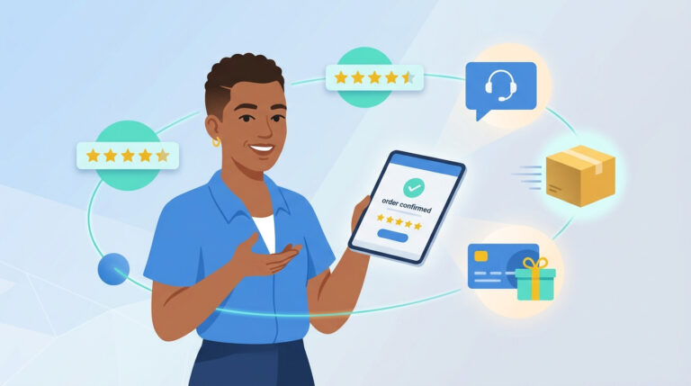 Ilustração gerada por IA de uma mulher feliz com um tablet exibindo uma avaliação de 5 estrelas e um selo de verificação, simbolizando a alta satisfação do consumidor. Ao seu redor, um fluxo circular de ícones de e-commerce, como avaliações positivas, suporte ao cliente, entrega rápida e programas de fidelidade, elementos-chave para aumentar a satisfação do consumidor.