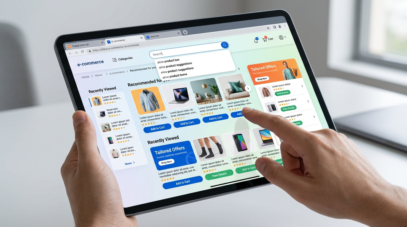 Imagem realista feita com IA de mãos navegando em um site de e-commerce em um tablet, ilustrando a importância da experiência do usuário para aumentar o tempo de permanência no e-commerce.