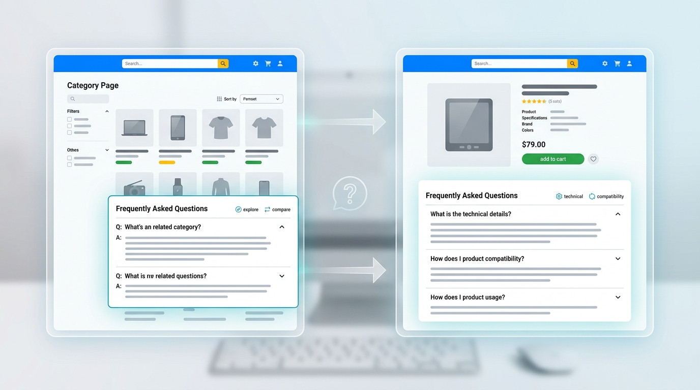 Ilustração gerada por IA de como criar FAQs realmente úteis para sua loja virtual, mostrando seções de perguntas frequentes em uma página de categoria (esquerda) e uma página de produto (direita) para melhorar a experiência do cliente.