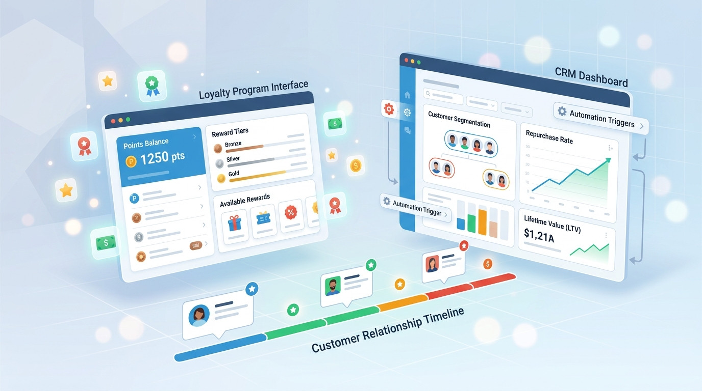 Interface de CRM feita em IA exibindo um programa de pontos ou recompensas com saldo de pontos, recompensas e níveis de lealdade, ao lado de um painel de controle de clientes com dados de segmentação e crescimento, e uma linha do tempo de relacionamento, demonstrando a integração para potencializar programas de pontos ou recompensas com CRM.