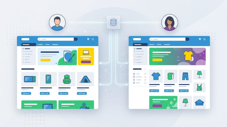 Ilustração gerada em IA sobre experiência personalizada em e-commerce com duas telas de loja online exibindo produtos e ofertas customizadas para perfis de usuário diferentes, conectadas por um sistema central de dados.