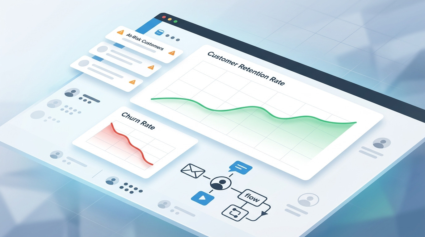 Dashboard feito em IA de CRM otimizado para diminuir o churn com CRM no e-commerce, exibindo gráficos de taxa de retenção crescente e churn decrescente.