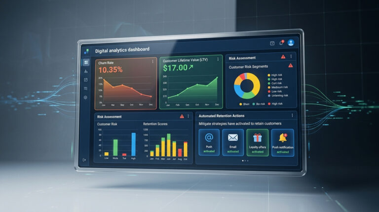 Dashboard feito com IA de analytics digital com gráficos de performance e engajamento, ferramenta visual para análise de dados e estratégias de como diminuir o churn no e-commerce.