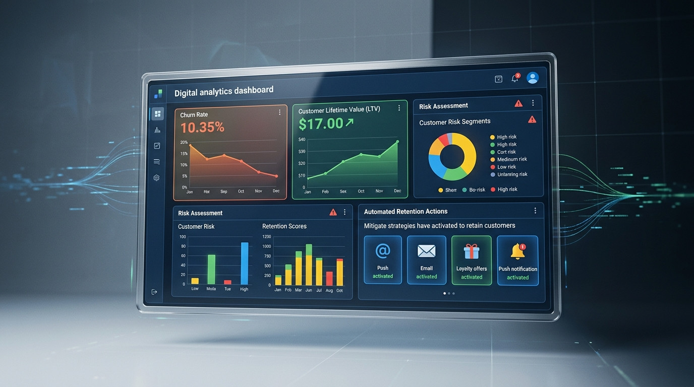 Dashboard feito com IA de analytics digital com gráficos de performance e engajamento, ferramenta visual para análise de dados e estratégias de como diminuir o churn no e-commerce.