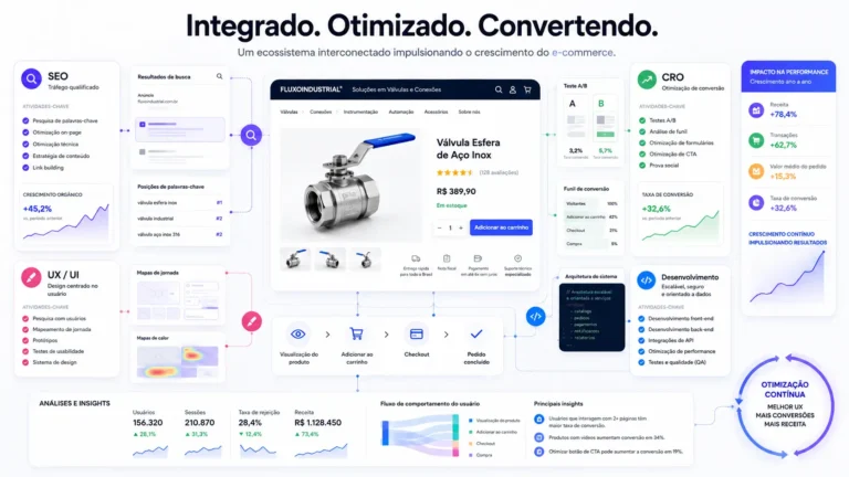 Painel feito em IA de dashboard de marketing e e-commerce com gráficos, KPIs e fluxos de conversão, incluindo seção de CRO e teste A/B, com destaque para uma válvula esfera de aço inox no catálogo.