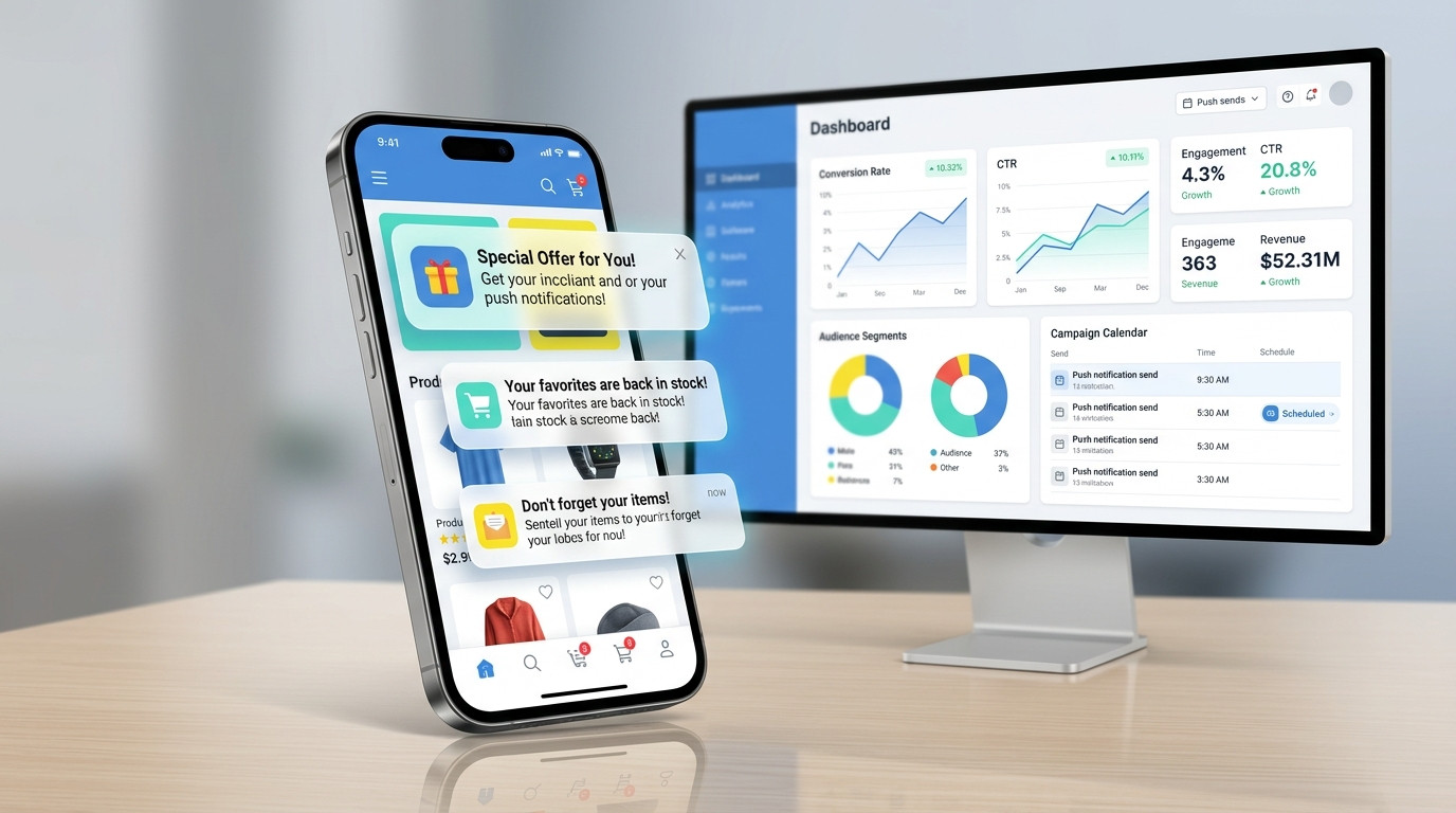Imagem gerada por IA de smartphone com aplicativo de e-commerce exibindo várias notificações push pop-up, ao lado de um monitor que mostra um dashboard de vendas e analytics, ilustrando como enviar e gerenciar notificações push para clientes de e-commerce.