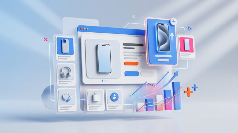 Interface de e-commerce gerada em IA com produtos em destaque, recomendações e gráficos de vendas em crescimento, ilustrando estratégias de upsell e cross-sell.