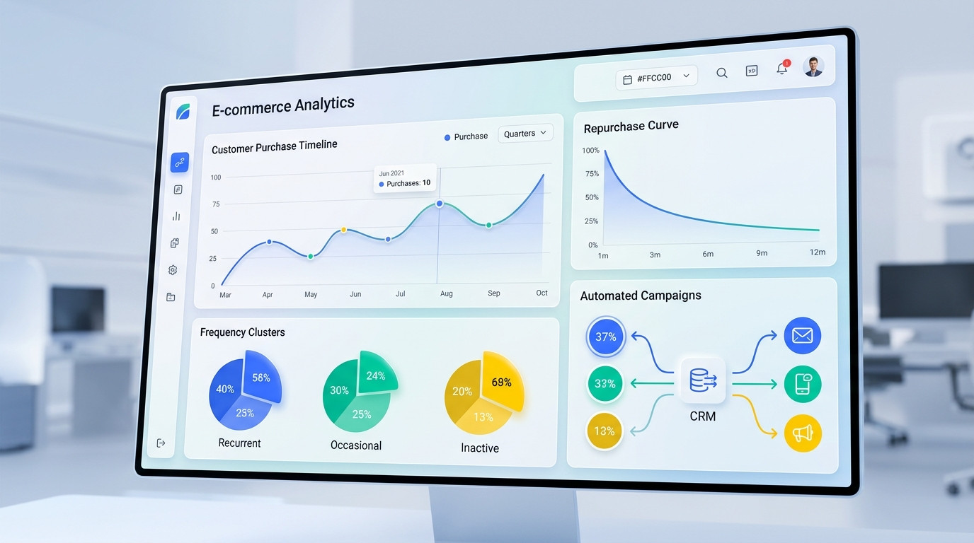 Painel de análise de e-commerce gerado por IA com gráficos e indicadores para mapear a frequência de compra do cliente em uma loja virtual.
