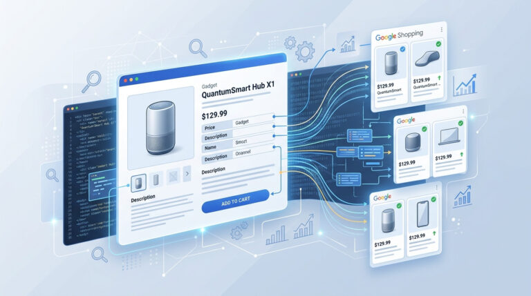 Ilustração da otimização de páginas de produto para Google Shopping, mostrando a integração de dados de um produto (como um hub inteligente) de uma página de e-commerce para múltiplas listagens e resultados de busca no Google Shopping.