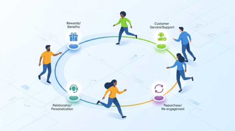Diagrama circular gerado em IA que ilustra estratégias de fidelização de clientes para e-commerce, apresentando um ciclo de relacionamento com pontos de contato como recompensas, suporte proativo, reengajamento e personalização.