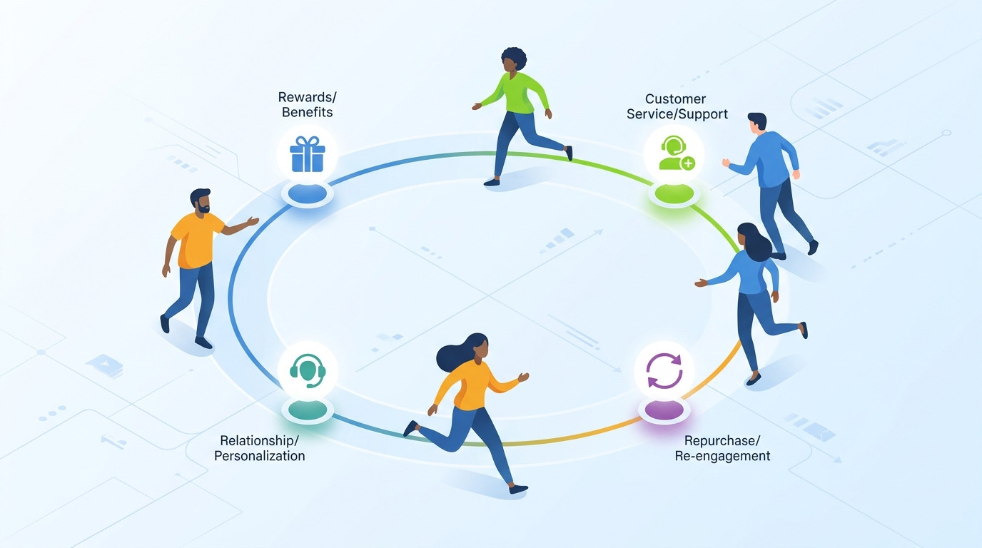 Diagrama circular gerado em IA que ilustra estratégias de fidelização de clientes para e-commerce, apresentando um ciclo de relacionamento com pontos de contato como recompensas, suporte proativo, reengajamento e personalização.