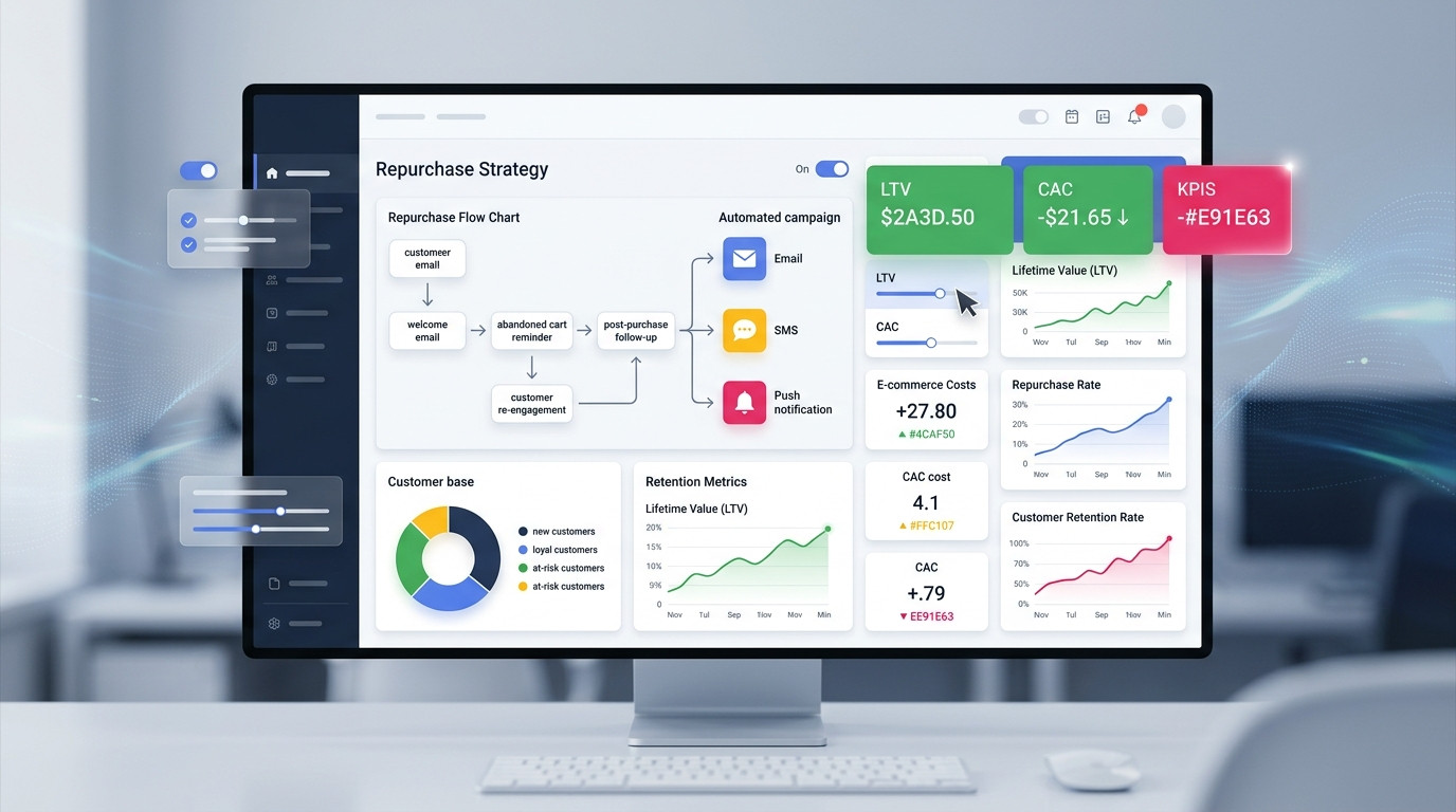 Dashboard feito em IA de e-commerce em um monitor, exibindo um programa de reengajamento de clientes, fluxogramas e diversas métricas de desempenho para ilustrar estratégias de recompra e fidelização.
