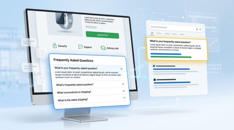 Monitor exibindo página de e-commerce, gerado em IA, com seção de Perguntas Frequentes (FAQs) em destaque, ilustrando a importância dos FAQs para esclarecer dúvidas e melhorar a experiência do cliente online.