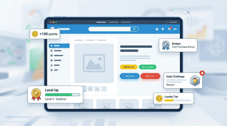 Interface feita em IA da tela de computador exibindo exemplos práticos de gamificação aplicada em um e-commerce, com pop-ups de pontos ganhos, distintivos (badges), desafios diários, e notificações de avanço de nível de usuário.
