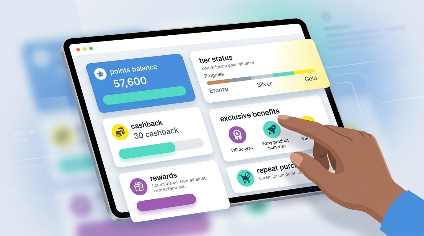 Dashboard digital gerado em IA de um programa de fidelidade em tablet, mostrando saldo de pontos, cashback, status VIP e benefícios exclusivos para clientes de e-commerce.
