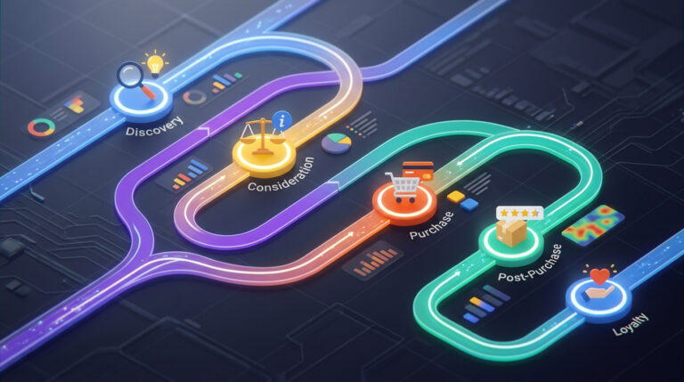 Fluxo visual feito em IA que mostra o mapeamento visual da jornada do cliente no e-commerce, ilustrando as etapas de descoberta, consideração, compra, pós-compra e lealdade com ícones e cores distintas.