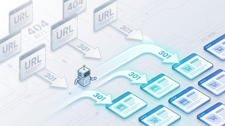 Ilustração feita em IA do redirecionamento 301 de URLs antigas e páginas 404 para novas páginas, com um robô de busca seguindo as setas '301'. Essencial para aplicar corretamente o redirecionamento 301 no e-commerce.
