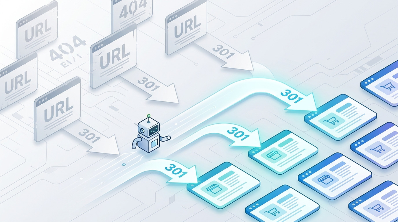 Ilustração feita em IA do redirecionamento 301 de URLs antigas e páginas 404 para novas páginas, com um robô de busca seguindo as setas '301'. Essencial para aplicar corretamente o redirecionamento 301 no e-commerce.