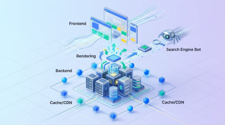 Infográfico feito em IA da arquitetura de um site dinâmico, detalhando frontend, backend, renderização, cache/CDN e interação com bots de busca, mostrando como criar um site rápido e amigável para buscadores.