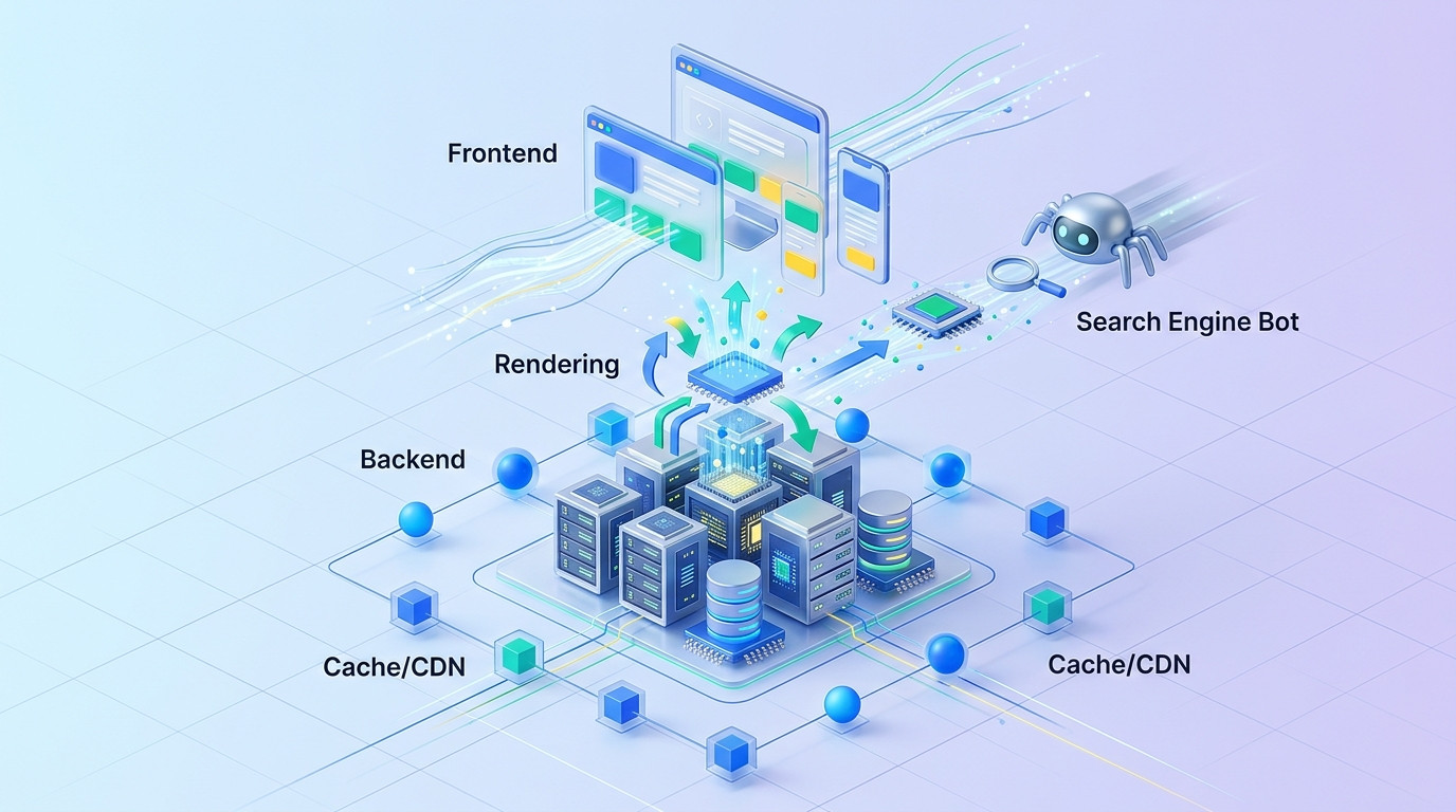 Infográfico feito em IA da arquitetura de um site dinâmico, detalhando frontend, backend, renderização, cache/CDN e interação com bots de busca, mostrando como criar um site rápido e amigável para buscadores.