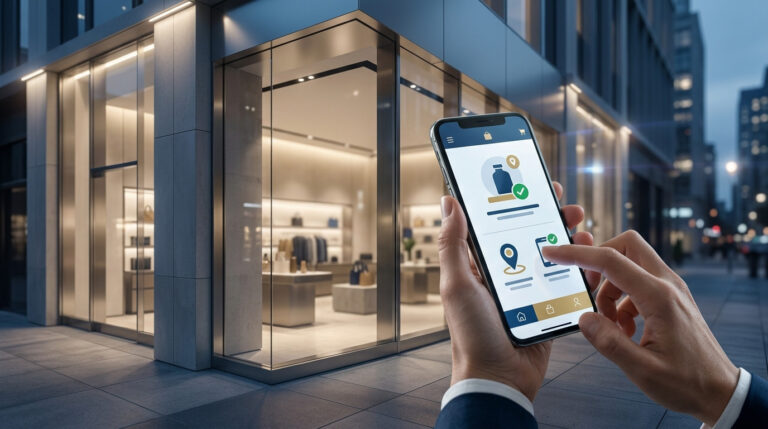 Mãos segurando um smartphone com um aplicativo de varejo em frente a uma loja moderna, ilustrando como a experiência omnichannel se diferencia de uma compra on-line ao integrar o mundo digital e físico para o cliente.