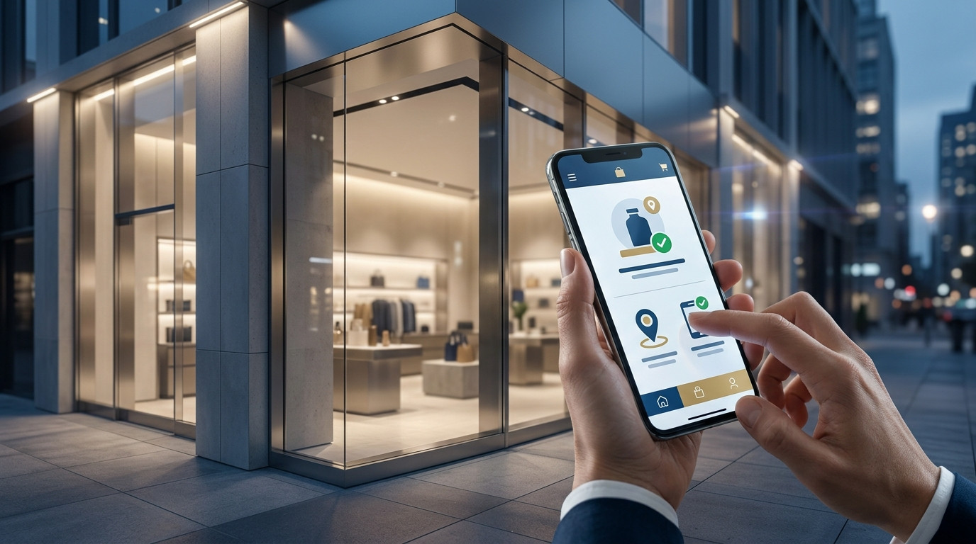 Mãos segurando um smartphone com um aplicativo de varejo em frente a uma loja moderna, ilustrando como a experiência omnichannel se diferencia de uma compra on-line ao integrar o mundo digital e físico para o cliente.