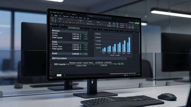 Painel de análise de dados com gráficos e métricas em um monitor de escritório, ilustrando o processo de como calcular o ROI de uma campanha de marketing.