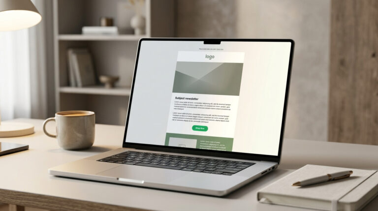 Laptop na mesa, exibindo um modelo de e-mail marketing, essencial para aprender como criar campanha de e-mail marketing, com xícara de café e caderno ao lado.