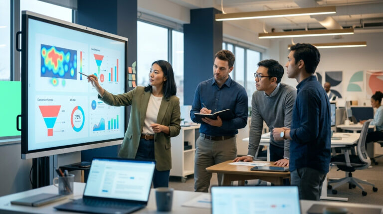 Equipe diversa analisando dados e gráficos em tela digital em um escritório moderno, refletindo a colaboração essencial para como criar hipóteses de pesquisa UX.