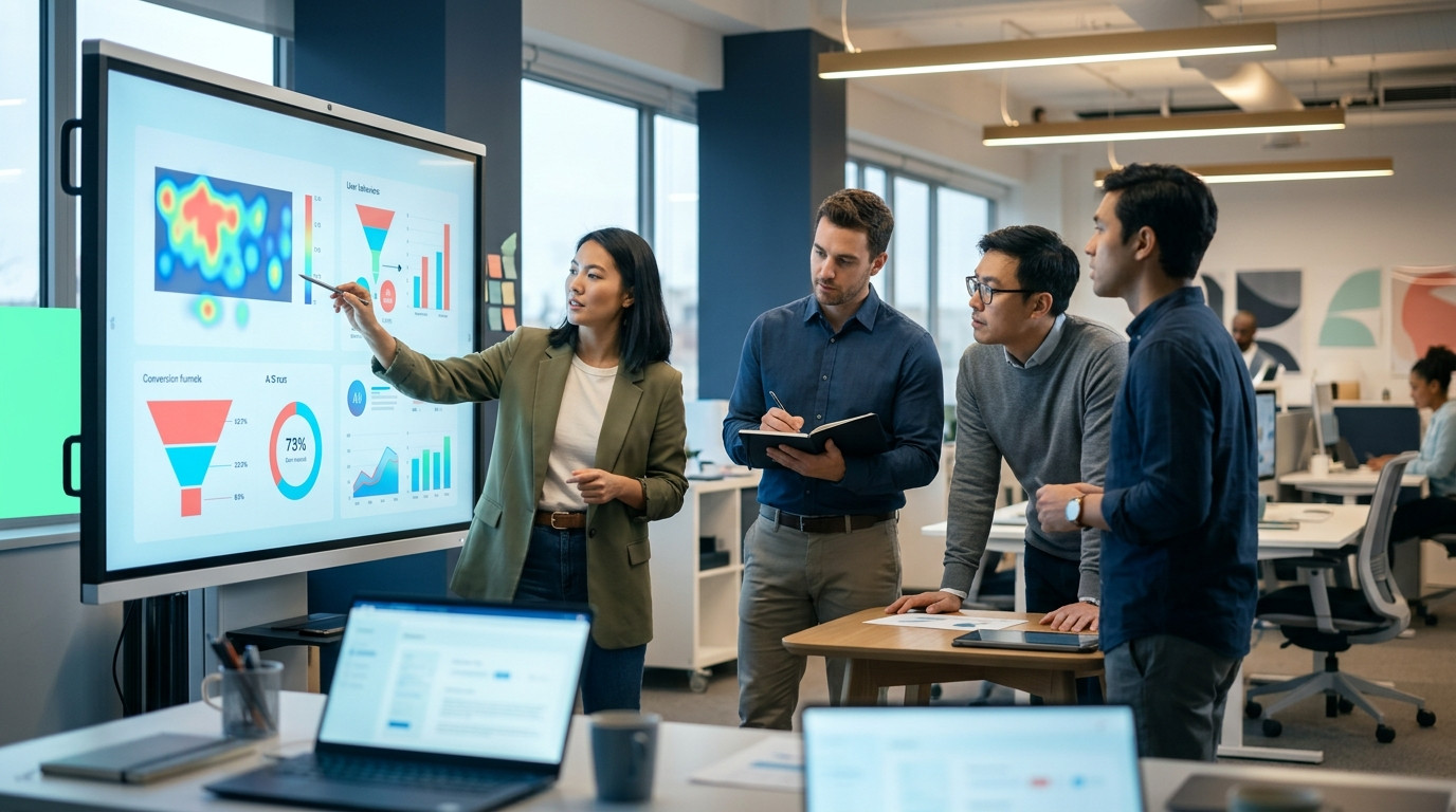 Equipe diversa analisando dados e gráficos em tela digital em um escritório moderno, refletindo a colaboração essencial para como criar hipóteses de pesquisa UX.