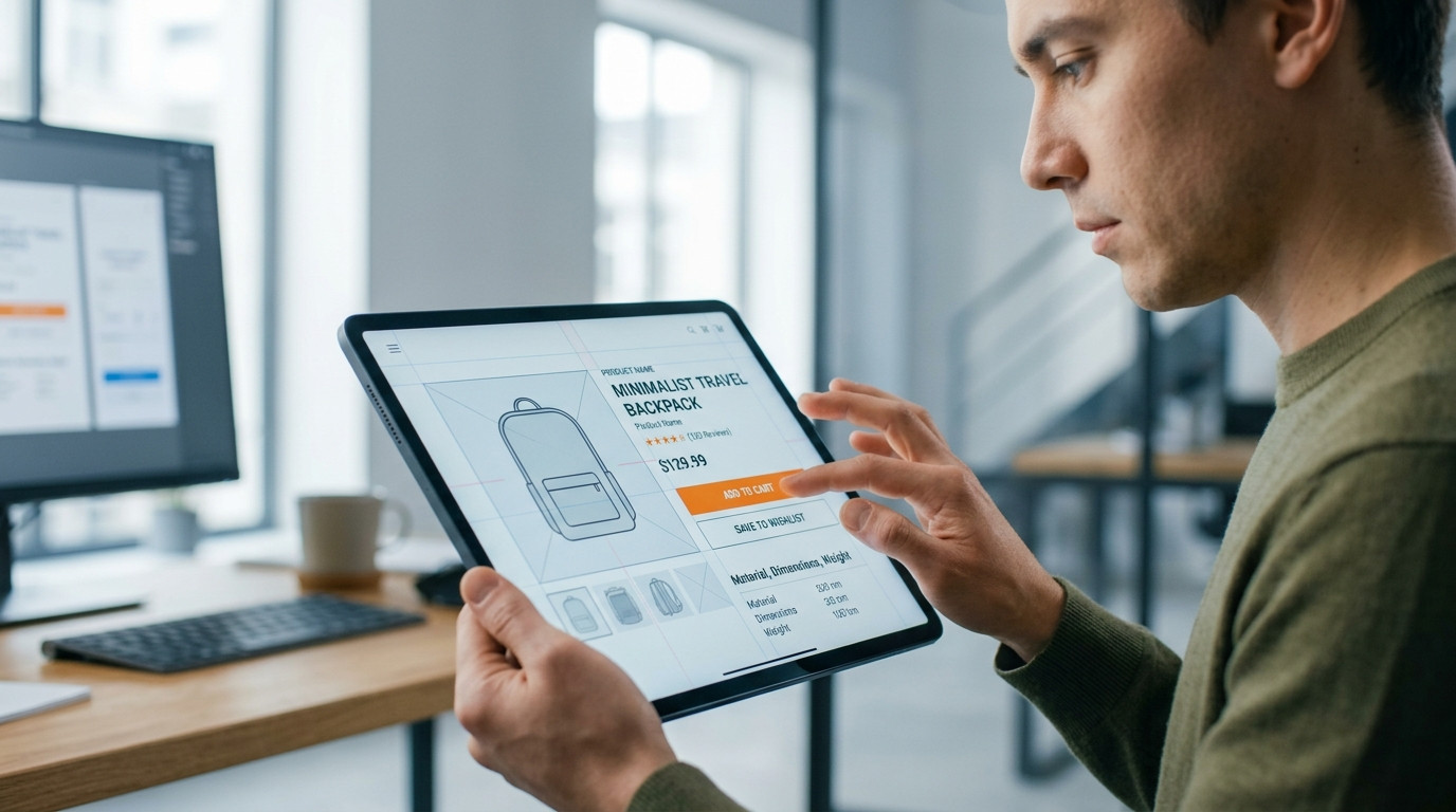 Profissional de UX/UI no escritório com tablet, analisando a hierarquia de informação de um produto digital para entender como criar uma hierarquia de informação UX/UI otimizada.